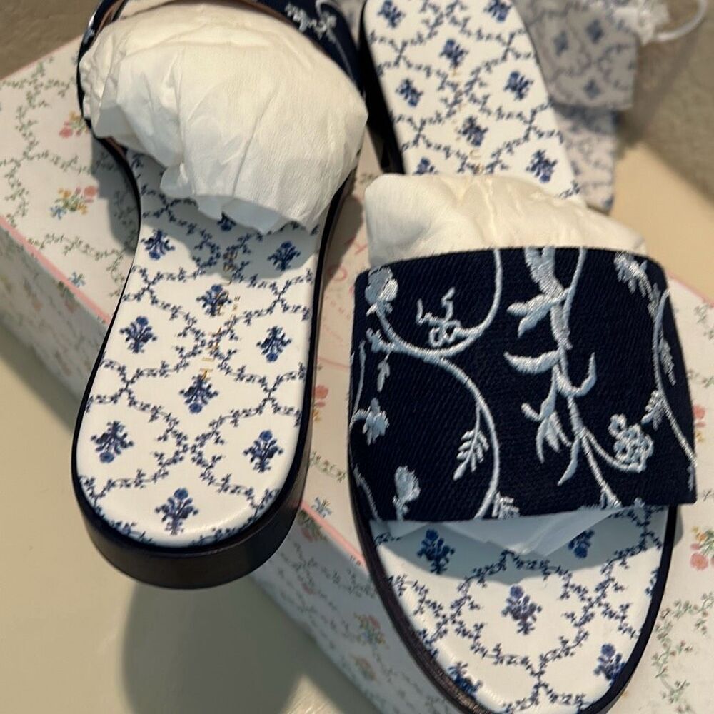 Hill House Womens 10.5 Sandals Summer Slide Embroidered Leather Linen Blue New